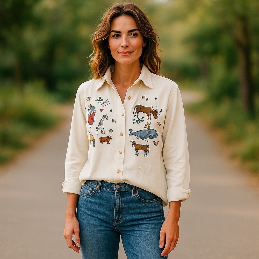 Christopher & Banks Cream Embroidered Cotton Shirt